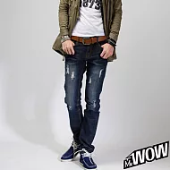 Mr.WOW美系磨損刷破彈性小直筒牛仔褲M藍色
