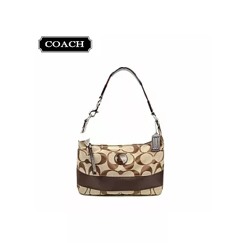 《COACH》圓標C Logo織紋咖啡色真皮飾邊肩背包