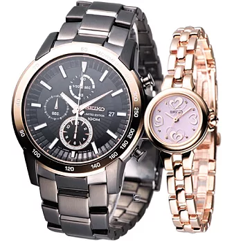 SEIKO 黑色金莎對錶7T92-0MA0K.V111-0AG0K
