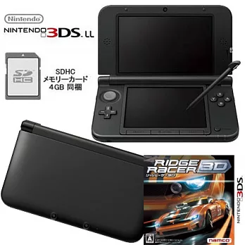 3DS LL日規【純黑色】主機+實感賽車 3D+充電變壓器送保貼