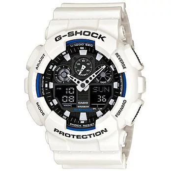 G-SHOCK 重機挑戰還以顏色Man個性運動腕錶-白色+藍邊/55mm-GA-100B-7A