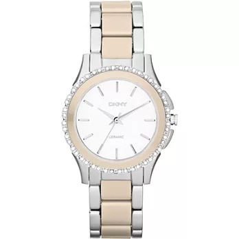 DKNY 絕代魅力陶瓷晶鑽都會腕錶(卡其銀)