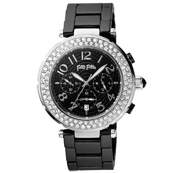 Folli Follie 柔雅名媛三眼陶瓷晶鑽腕錶(黑銀)