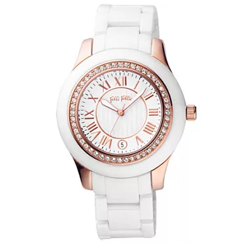 Folli Follie 時尚新藝術晶鑽日期陶瓷腕錶(白玫瑰金)