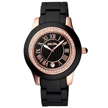 Folli Follie 時尚新藝術晶鑽日期陶瓷腕錶(黑玫瑰金)