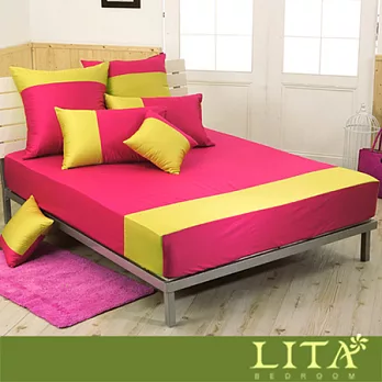 LITA麗塔(魔術方塊－洋紅x萊姆黃)特大三件純棉薄床包枕套組
