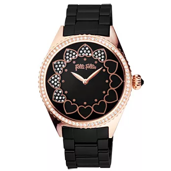 Folli Follie 愛戀絮語時尚晶鑽陶瓷腕錶(黑玫瑰金)
